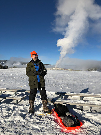Me, Old Faithful, and the sled of gear I dragged 5.5 miles touring Yellowstone National Park